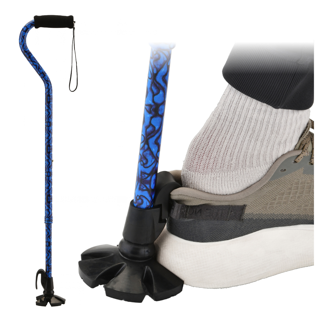 A Nova Walking Cane with Shoe Horn | 2-in-1 Shoe Helper & Walking Aid in blue, featuring a patterned shaft and a quad base, is displayed. A close-up reveals the cane’s uniquely designed foot being used as a shoe horn to assist in removing a sneaker from someone’s foot.